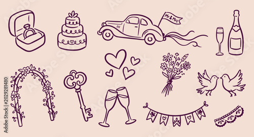 Fotografía wedding celebration pattern, romantic marriage elements, bridal car bouquet, lov
