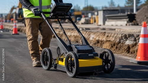 Worker Operating Radar Cart On Road Site