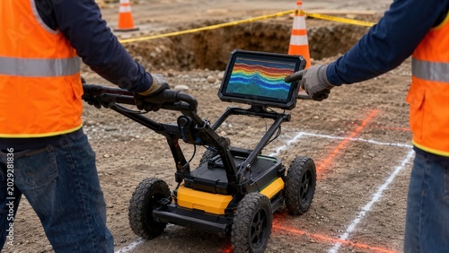 Workers Reviewing Radar Scan Beside Construction Pit