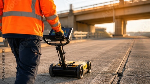 Worker Scanning Bridge Deck With Radar Cart
