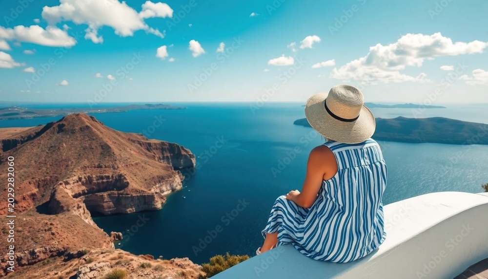 Fototapeta premium Person wearing sun hat and blue striped dress looking at coastal cliffs and ocean symbolizing travel serenity vacation escape and scenic seaside beauty