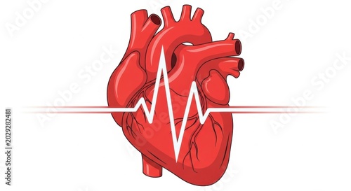 A detailed red anatomical human heart illustration with visible arteries and a red ECG heartbeat line beneath it. Flat medical illustration style on white background.