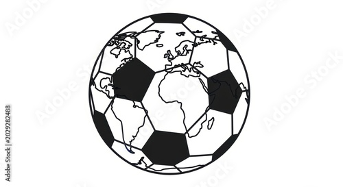 A classic black and white soccer ball illustration with a subtle world map pattern on the panel surface. Flat vector style on white background. Versatile for football-related content, sports branding.