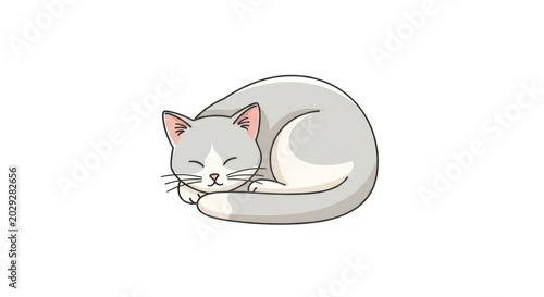 A peaceful gray cat curled into a ball in a sleeping pose. Soft minimal illustration on white background, conveying calm and relaxation. Ideal for sleep products, wellness brands.