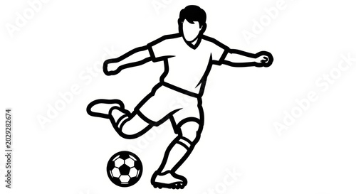 A black and white minimalist illustration of a male soccer player mid-kick, striking a football. Clean flat line art on white background. Suitable for sports event posters, school team materials.