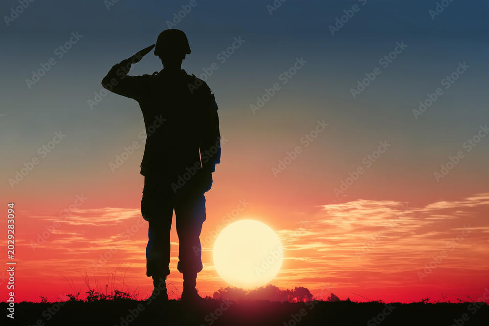 Fototapeta premium Silhouette of soldier salutes at sunset. Sunset colors paint sky in warm hues. Soldier stands firm on horizon line. His posture shows respect and honor. moment captures military duty