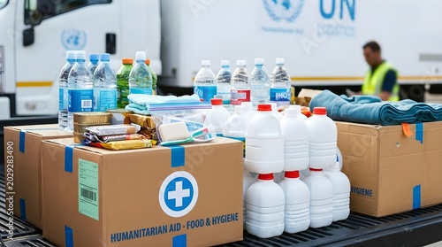 Humanitarian aid supplies including water, food, and medical equipment being loaded for distribution in a crisis situation with a worker in the background