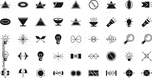 Icons represent a diverse collection of technical symbols including light bulbs, geometric shapes, and abstract linear designs arranged in a grid.