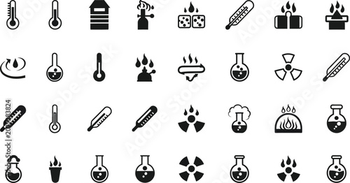 Thermometers and laboratory glassware icons represent various scientific measurement tools for chemical experiments.
