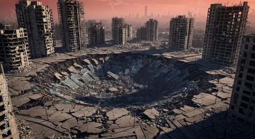 destroyed cityscape with massive crater.