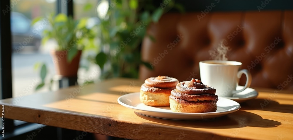 Fototapeta premium Two cinnamon buns and coffee cup on wooden table near plant and brown sofa. Morning sunlight makes shadows on cafe surface. Enjoy fika time with pastry and hot beverage.