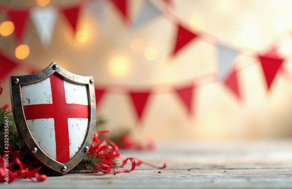 Fototapeta premium English heraldic shield with St Georges cross sits on wooden table. Red and white bunting flags hang above, blurred bokeh lights in background. Festive holiday atmosphere.