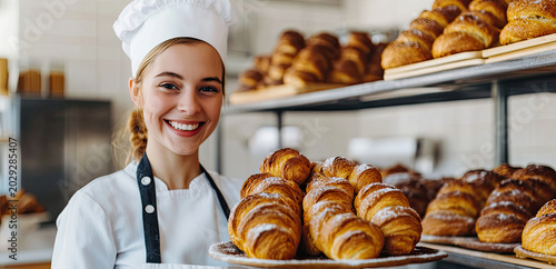 Young caucasian female baker smiling with freshly baked croissants in bakery
