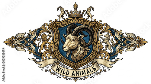 Bild auf Leinwand Vintage Emblem Featuring a Rams Head and Ornate Decorations.