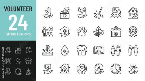 Foto Volunteer and Charity Icon Set - Donation, Community Support, Social Work, Non-Profit, Healthcare, Education, and Environmental Line Icons for Web and Mobile UI
