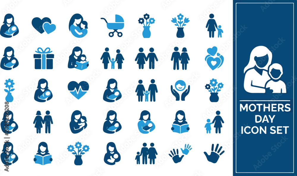 Fototapeta premium A comprehensive vector collection of dark blue glyph icons representing motherhood, family, and love for Mother's Day celebrations