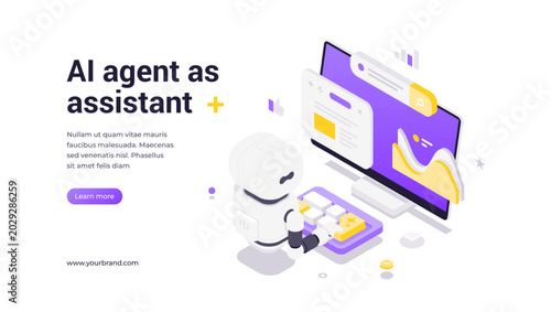 Modern isometric banner template for AI agent assistant and business automation solutions. Features robot working at computer with analytics graphs and data visualization interfaces