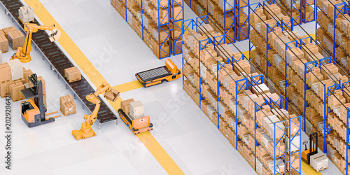Warehouse Scene with High Shelves and Palletising Robots. Logistics Concept. 3D illustration	
