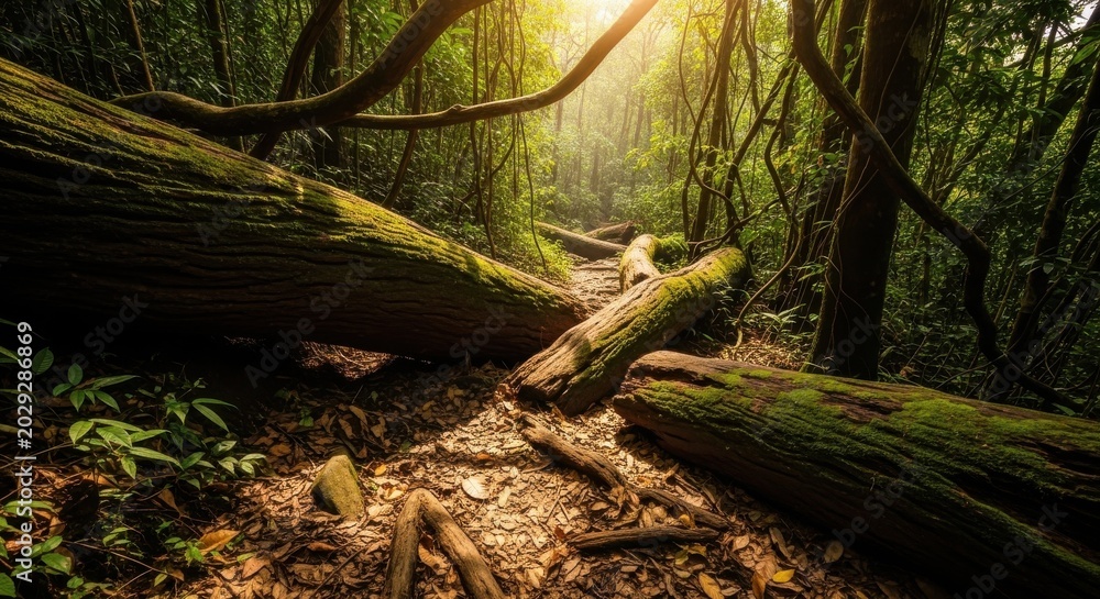 Fototapeta premium Sun-drenched jungle trail with fallen logs, tranquil forest path