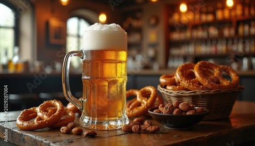 Cold frothy beer mug rests on rustic wood table with pretzels and nuts. Warm pub ambiance with soft light invites friends for relaxation and conversation. Cheers to good times and tasty treats.