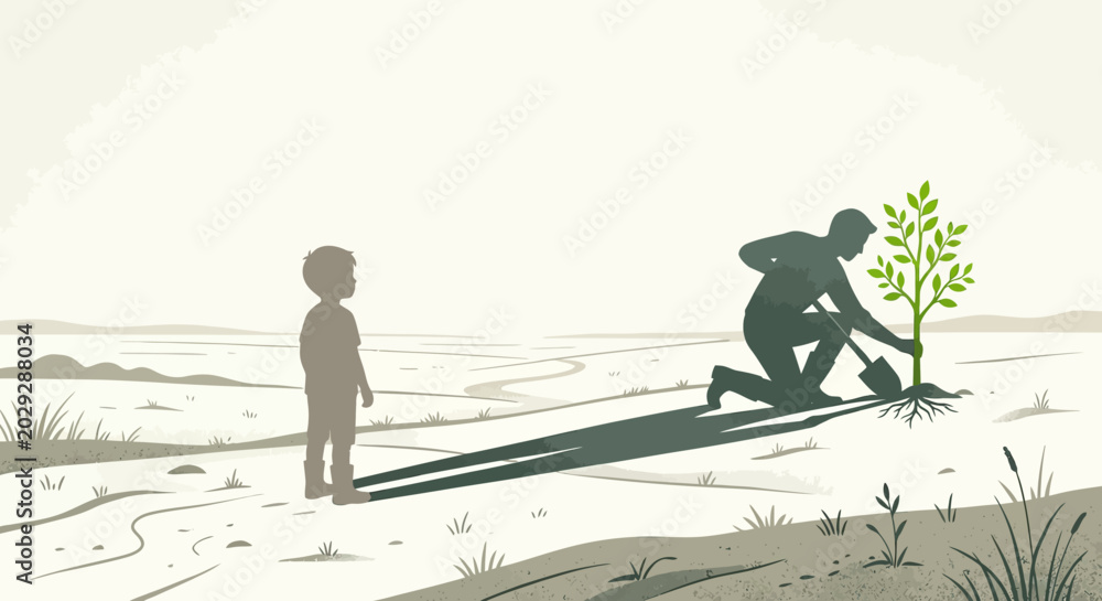 Naklejka premium Adult silhouette planting a tree as a child watches, symbolizing environmental responsibility, legacy, and future generations.