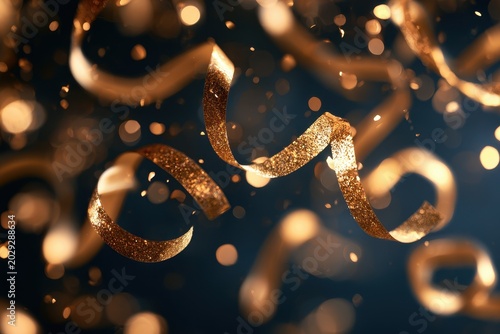 Gold glitter streamers falling through glowing bokeh light in a sharp focus macro shot for festive celebration and luxury event marketing