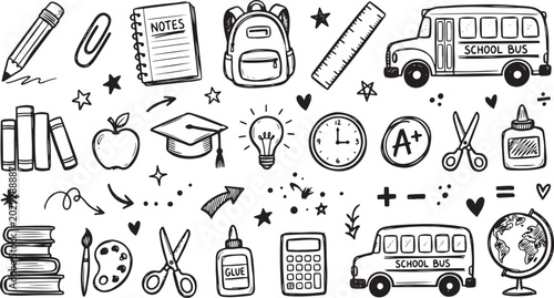 Fotografía A set of school supplies and icons in a doodle style on a white background, Back