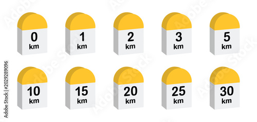 Canvastavla Road distance milestone marker icon set featuring yellow kilometer stones for navigation and route mapping