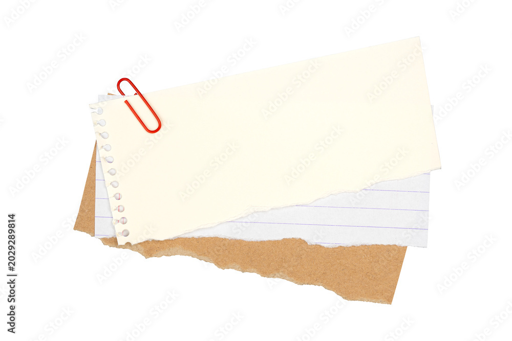 Fototapeta premium Torn lined notebook paper with a cardboard frame and paperclip isolated on a white background, scrapbook craft design element.