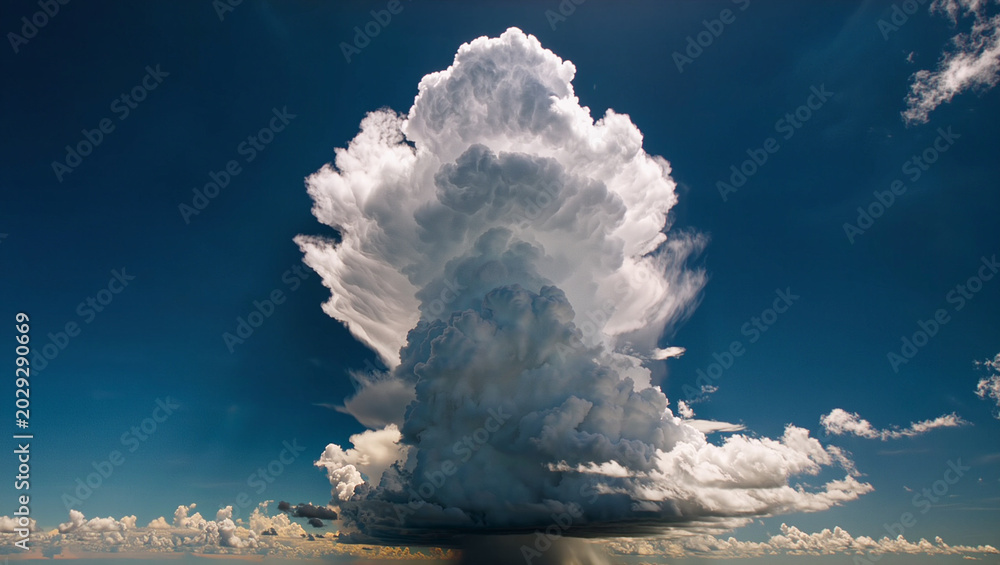 Фотография Dramatic massive cumulus cloud formation rising in deep blue summer sky with cin