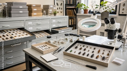 Museum study room with insect specimens and scientific equipment for educational research and classification of arachnids and insects