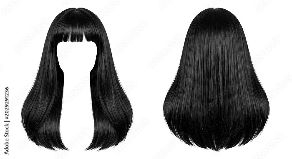 Foto Long straight black wig with bangs front and back