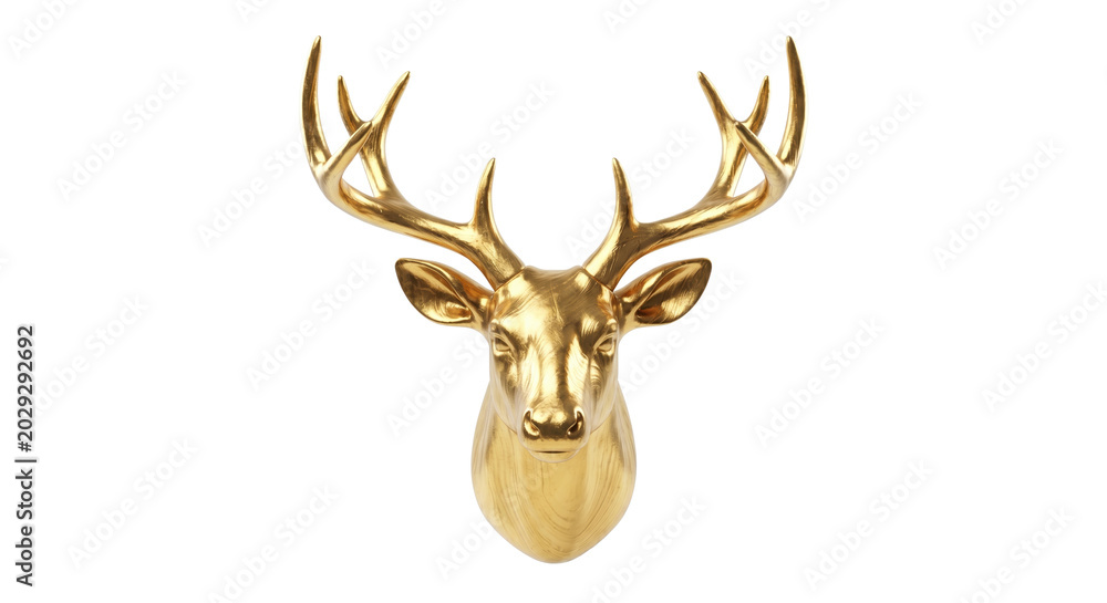 Fototapeta premium Golden metallic deer head sculpture with large antlers