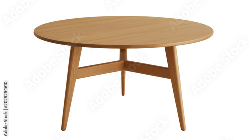 Round wooden table with three legs on light floor isolated on transparent background