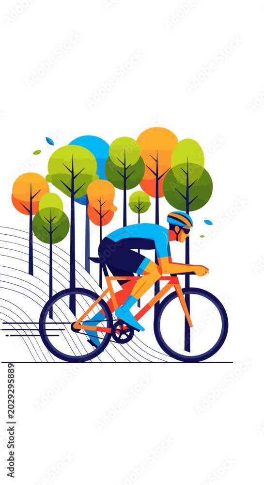 Fototapeta premium Cyclist riding a bicycle with colorful trees in background.