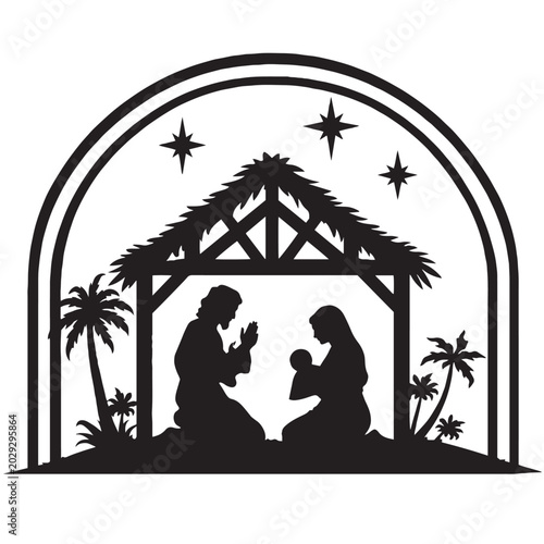 Bild auf Leinwand Nativity scene silhouette vector, holy family in stable with baby Jesus, Mary an
