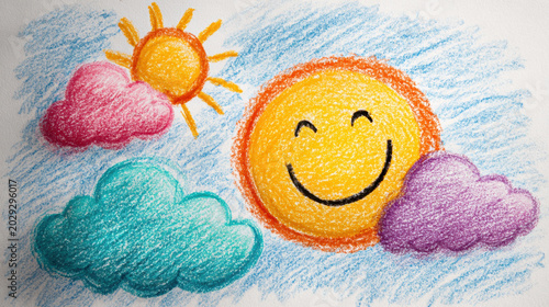 Smiling sun with colorful fluffy clouds in playful crayon sketch style children illustration background