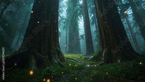 Giant redwood forest covered in glowing fireflies after rainfall, cinematic fantasy realism atmosphere, realistic wet bark textures, atmospheric mist particles