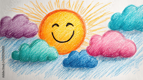Happy smiling sun and colorful cartoon clouds in playful crayon sketch style children illustration artwork