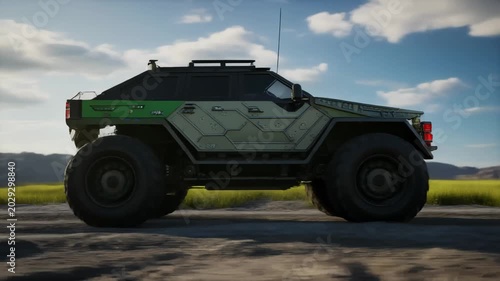 Armored off-road vehicle parked on dirt road under blue sky, low-angle rear three-quarter view
