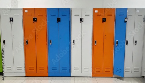 Colorful Metal Lockers Standing in Bright School Hallway