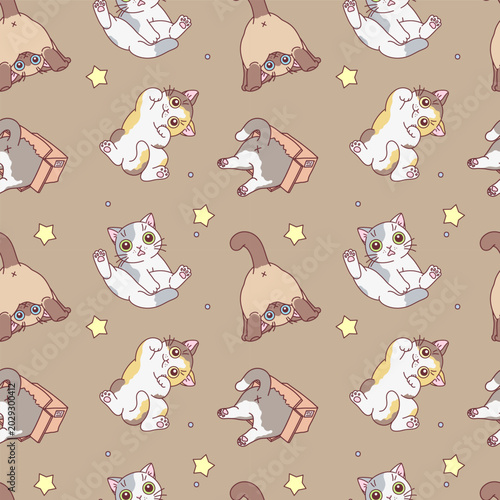 Canvastavla Funny cats seamless pattern on brown background vector illustration