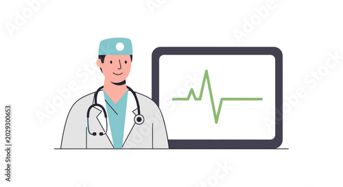 Doctor with Stethoscope and Heartbeat Monitor Display.