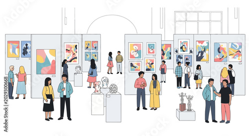 Diverse group of people enjoying an art exhibition.