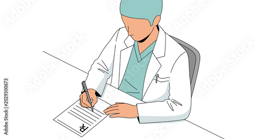 Doctor writing prescription at desk wearing lab coat.