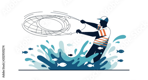 Fisherman casting net into water with fish swimming around.
