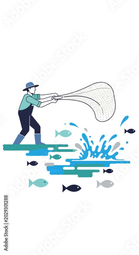 Fisherman casting net to catch fish in water.
