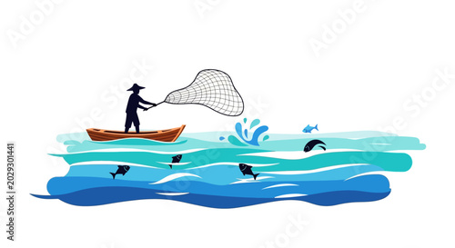 Fisherman in boat catching fish with net.