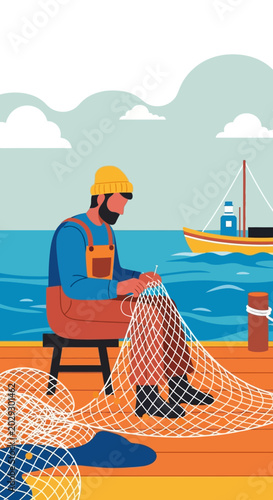 Fisherman Mending Net on Wooden Pier.