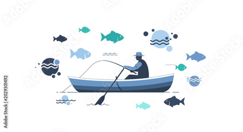 Fisherman rowing boat surrounded by fish illustrations.